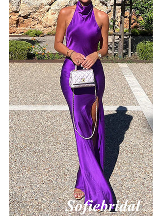 Sexy Soft Satin Halter Sleeveless Mermaid Long Prom Dresses, PD01005