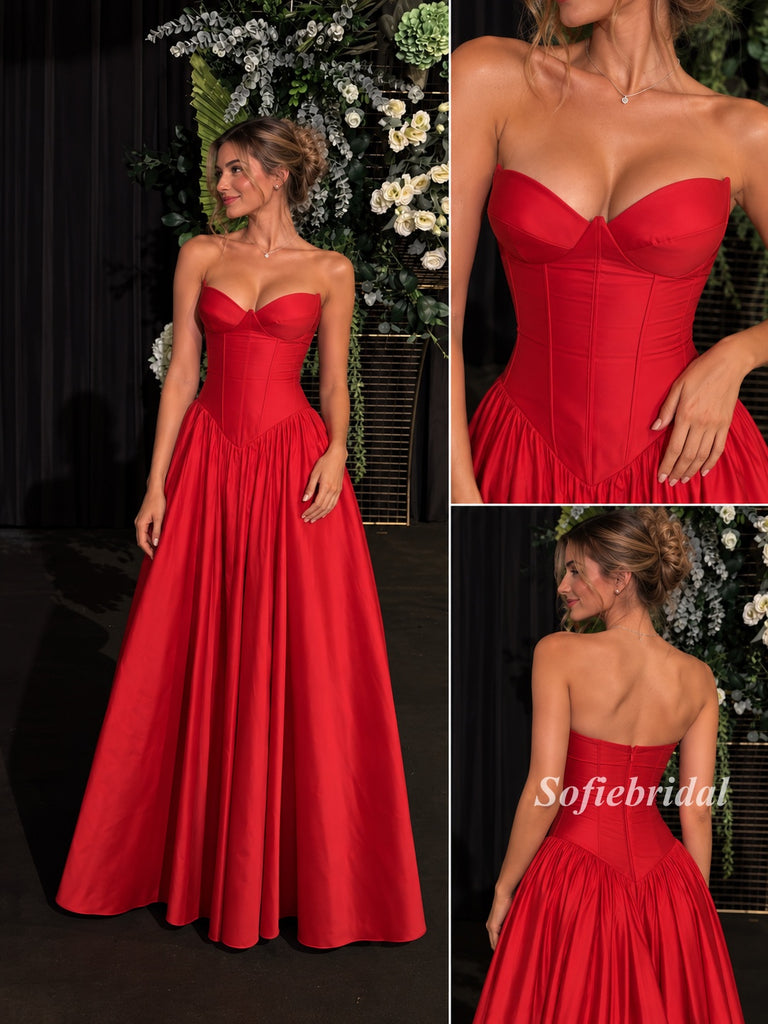 Red Strapless Sweetheart Satin Ball Gown, Structured Corset Bodice Evening Dress, PD13942
