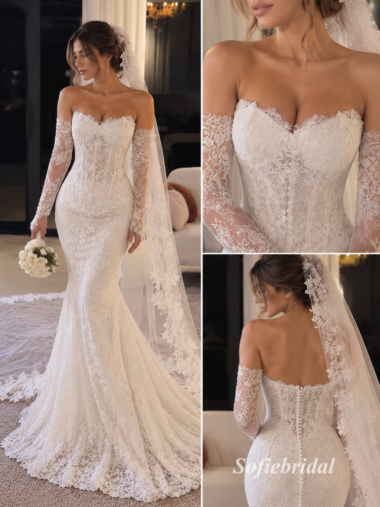 Strapless Sweetheart Lace Mermaid Wedding Dress, Long Lace Veil & Cathedral Train Bridal Gown, SFWD0140