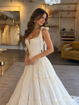 Square Neck Bow Strap Tiered Satin Wedding Dress, Corset Bodice Floor Length A-Line Bridal Gown,SFWD0120