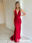 Sexy Red Soft Satin Halter V-Neck Mermaid Long Prom Dresses, PD0977