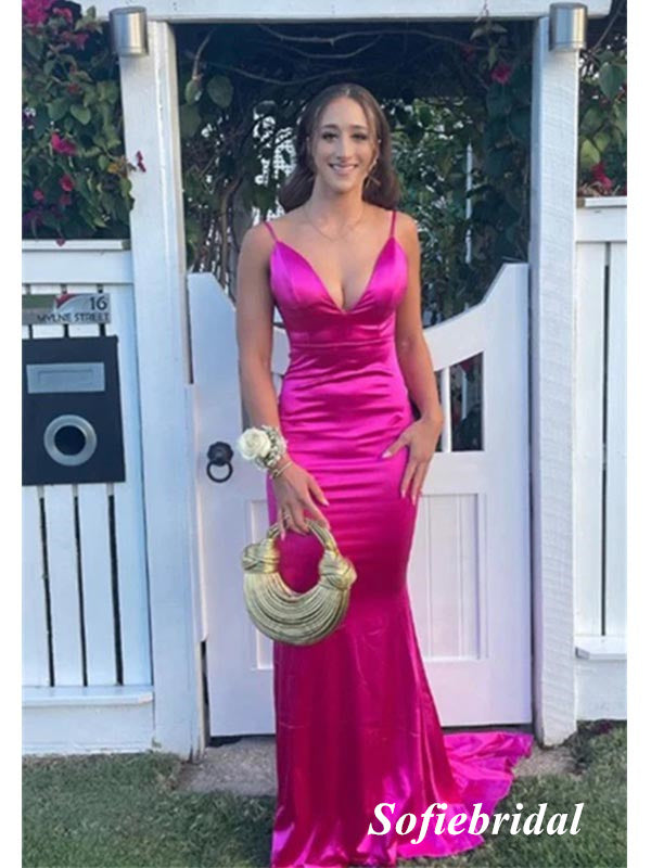 Sexy Soft Satin Spaghetti Straps V-Neck Sleeveless Side Slit Mermaid Maxi Prom Dress, PD01127