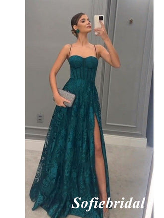 Sexy Tulle And Lace Sleeveless Side-Slit A-Line Long Prom Dresses, PD0959