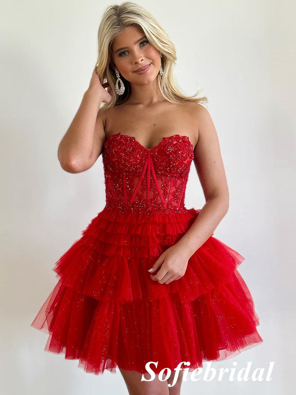 Sexy Red Tulle Sweetheart V-Neck A-Line Mini Dresses/ Homecoming Dresses With Beading, HD0258