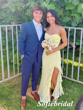 Pale Yellow Chiffon Ruffled Spaghetti Strap High Slit Maxi Dress for Prom, PD01244