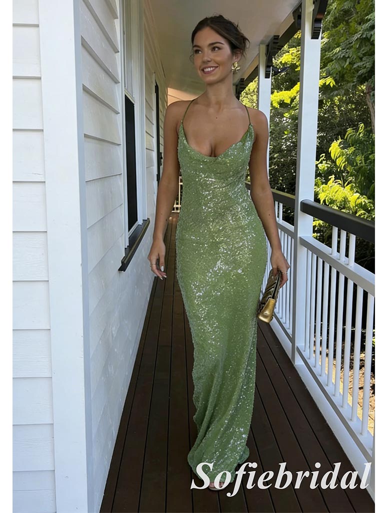 Green Sequin Spaghetti Strap Deep V Criss Cross Back Mermaid Evening Gown, PD01257
