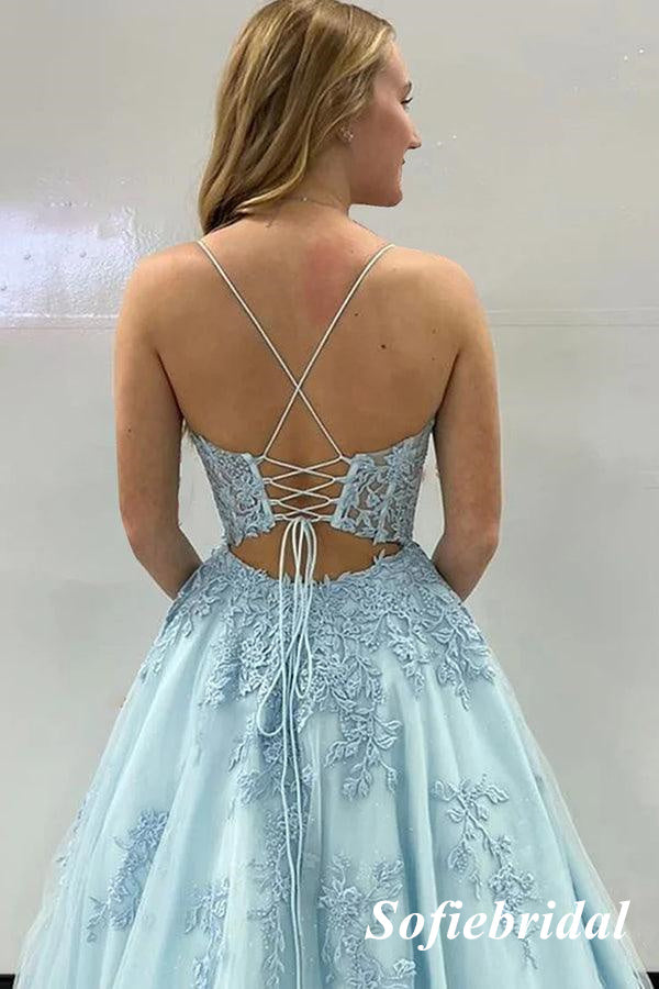 Sexy Tulle And Lace Spaghetti Straps Lace Up Back A-Line Long Formal Prom Dresses, PD0916