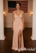 Blush Spaghetti Strap Bridesmaid Dress V-Neck High Slit Jersey Wedding Guest Gown, SFWG00622