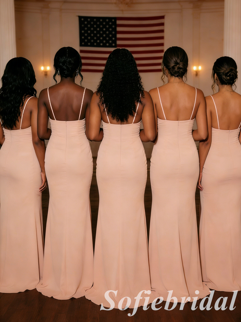 Blush Spaghetti Strap Bridesmaid Dress V-Neck High Slit Jersey Wedding Guest Gown, SFWG00622