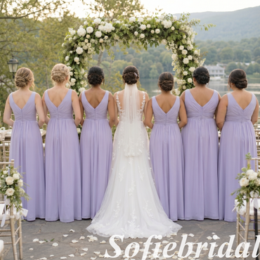 Lavender Chiffon V-Neck Sleeveless Twist Waist  Floor Length Bridesmaid Dress, SFWG00643