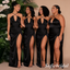 Sexy Black Satin Halter Cross Back Bridesmaid Dresses with High Slit for Wedding Party, SFWG00623