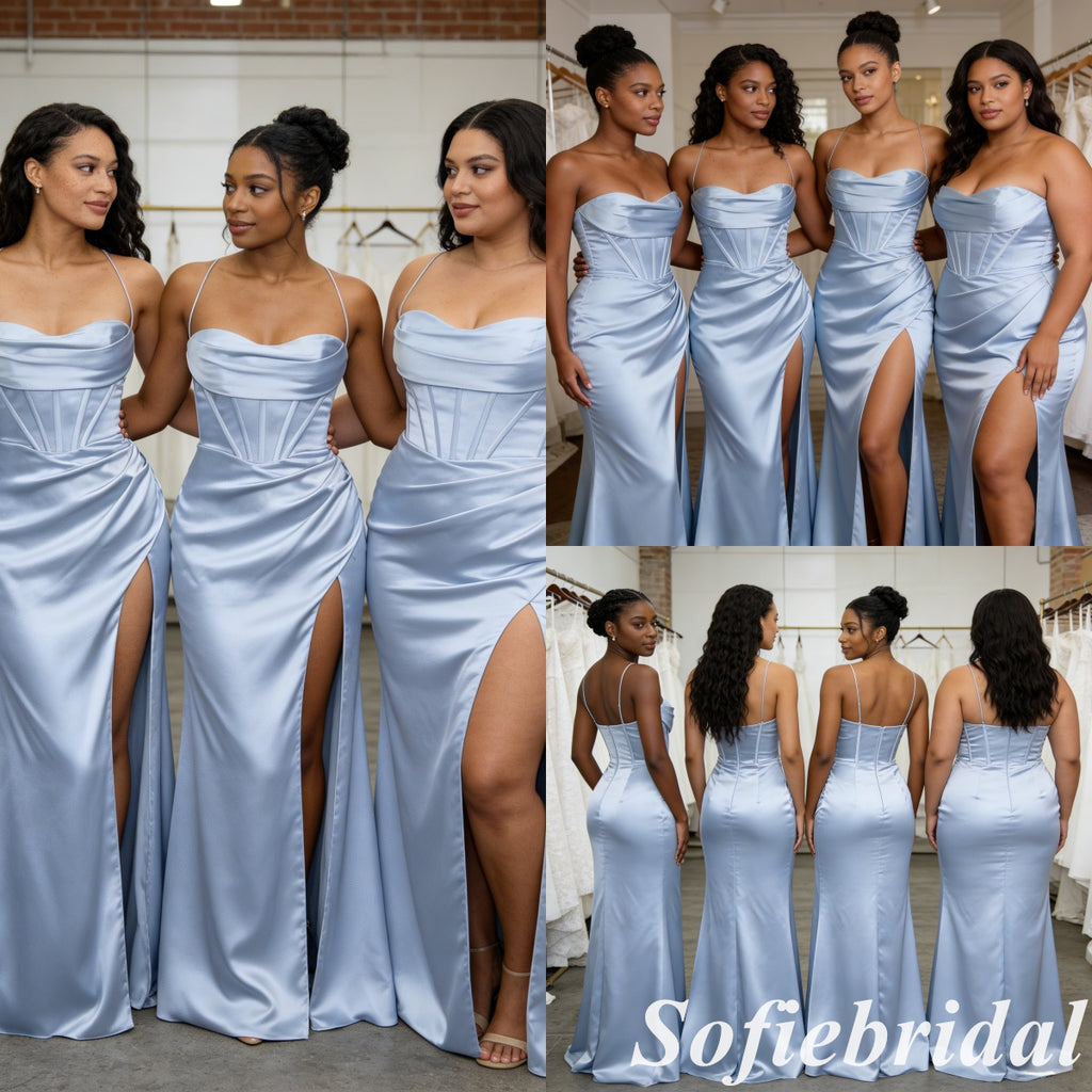 Elegant Ice Blue Satin Spaghetti Straps Cowl Mermaid Bridesmaid Dresses with Slit, SFWG00624
