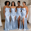 Elegant Ice Blue Satin Spaghetti Straps Cowl Mermaid Bridesmaid Dresses with Slit, SFWG00624