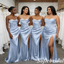 Elegant Ice Blue Satin Spaghetti Straps Cowl Mermaid Bridesmaid Dresses with Slit, SFWG00624
