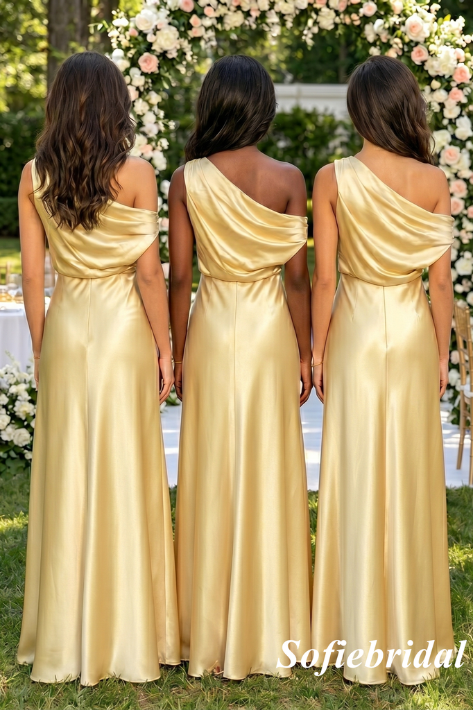 Shimmering Gold Satin Evening Gown - One Shoulder Prom & Wedding Party, SFWG00627