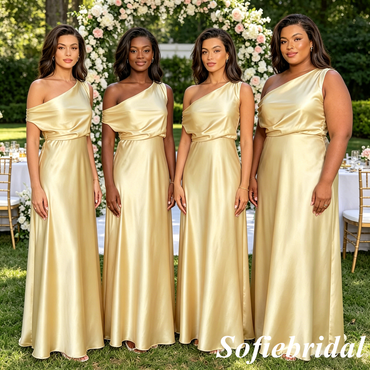 Shimmering Gold Satin Evening Gown - One Shoulder Prom & Wedding Party, SFWG00627