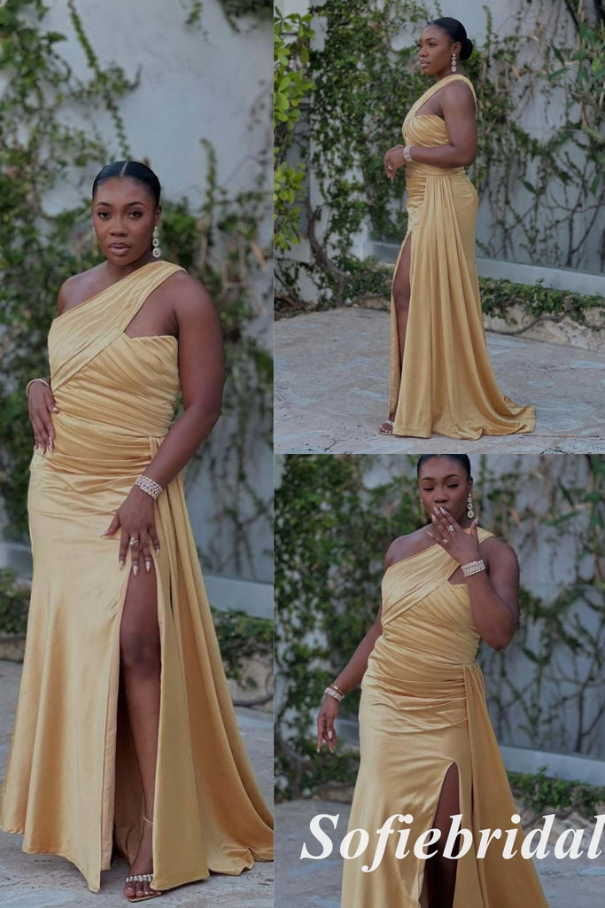 Elegant Gold Satin One Shoulder Side Slit Mermaid Bridesmaid Dress For Wedding, SFWG00628