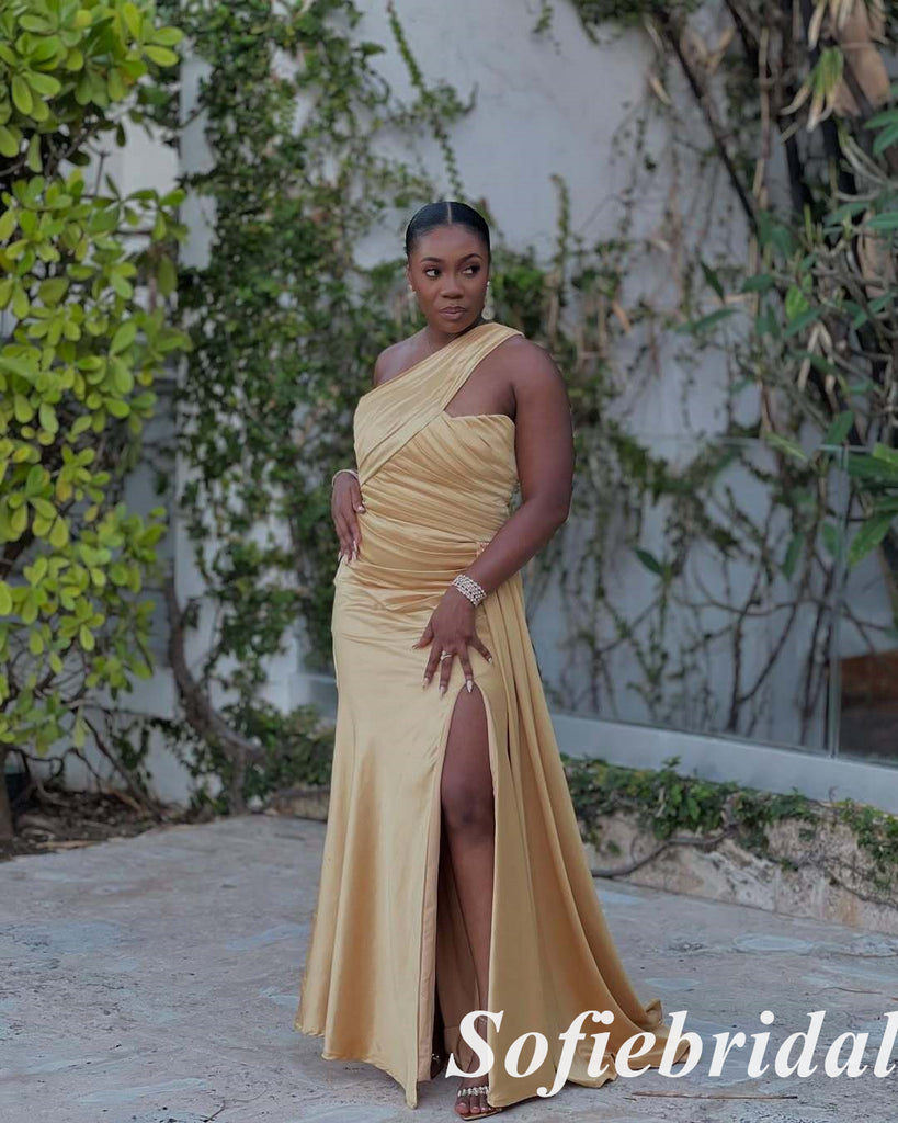 Elegant Gold Satin One Shoulder Side Slit Mermaid Bridesmaid Dress For Wedding, SFWG00628