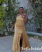 Elegant Gold Satin One Shoulder Side Slit Mermaid Bridesmaid Dress For Wedding, SFWG00628