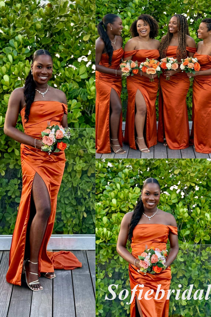 Sexy Satin Burnt-Orange One Shoulder Side Slit Mermaid Bridesmaid Dress For Fall Wedding Party, SFWG00629
