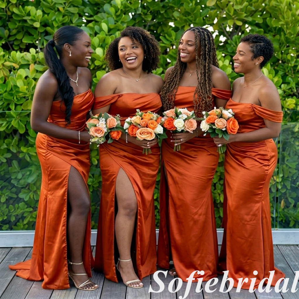 Sexy Satin Burnt-Orange One Shoulder Side Slit Mermaid Bridesmaid Dress For Fall Wedding Party, SFWG00629