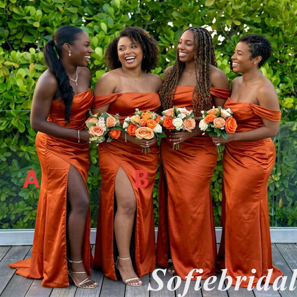 Sexy Satin Burnt-Orange One Shoulder Side Slit Mermaid Bridesmaid Dress For Fall Wedding Party, SFWG00629