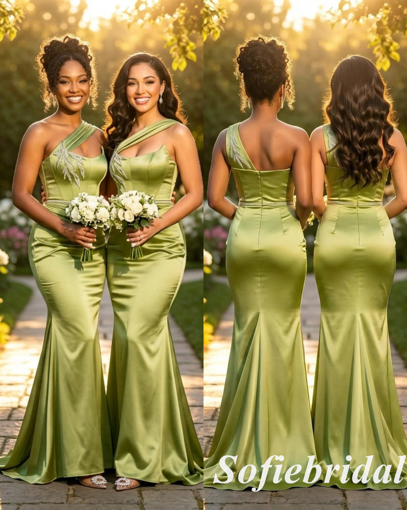 Elegant Olive Green Soft Satin One Shoulder Mermaid Bridesmaid Dresses with Appliques, SFWG00630