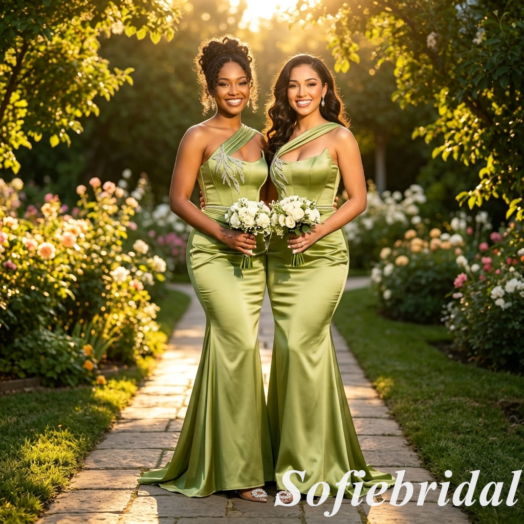 Elegant Olive Green Soft Satin One Shoulder Mermaid Bridesmaid Dresses with Appliques, SFWG00630