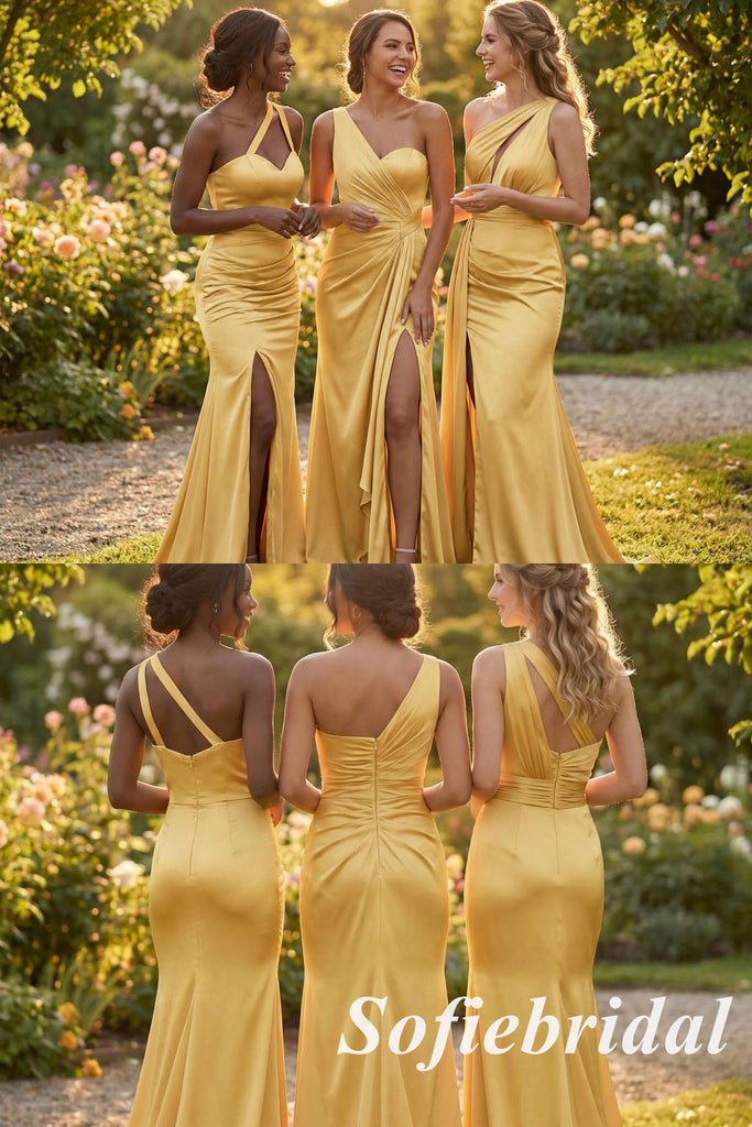 Mismatched Gold Satin Bridesmaid Dresses Side Slit Mermaid Style for Wedding Party, SFWG00631