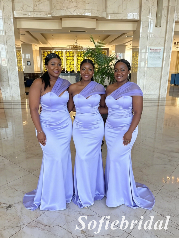 Elegant Lavender Soft Satin One Shoulder Mermaid Bridesmaid Gowns, SFW – SofieBridal