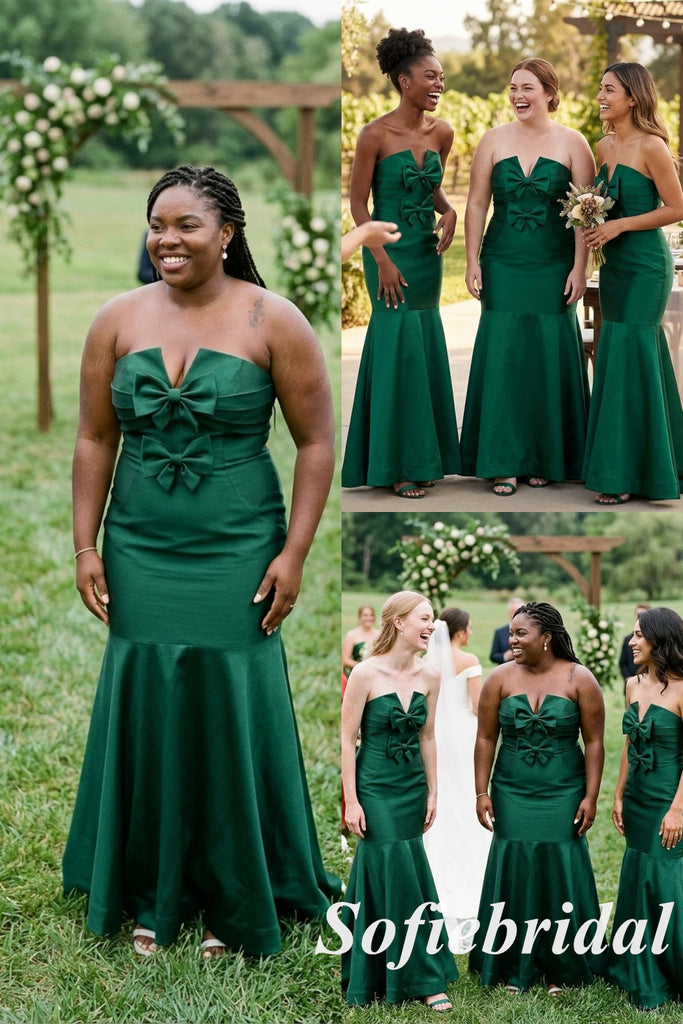 Emerald Green Satin Strapless Mermaid Bridesmaid Dress With Bow, SFWG00638