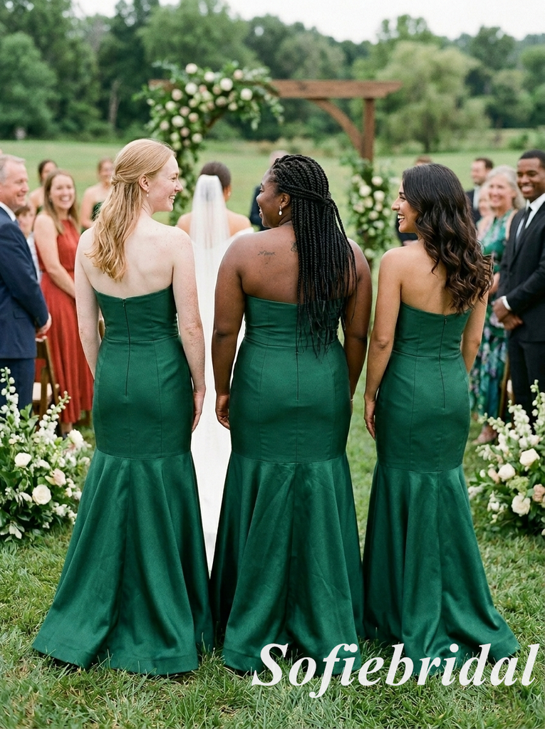 Emerald Green Satin Strapless Mermaid Bridesmaid Dress With Bow, SFWG00638