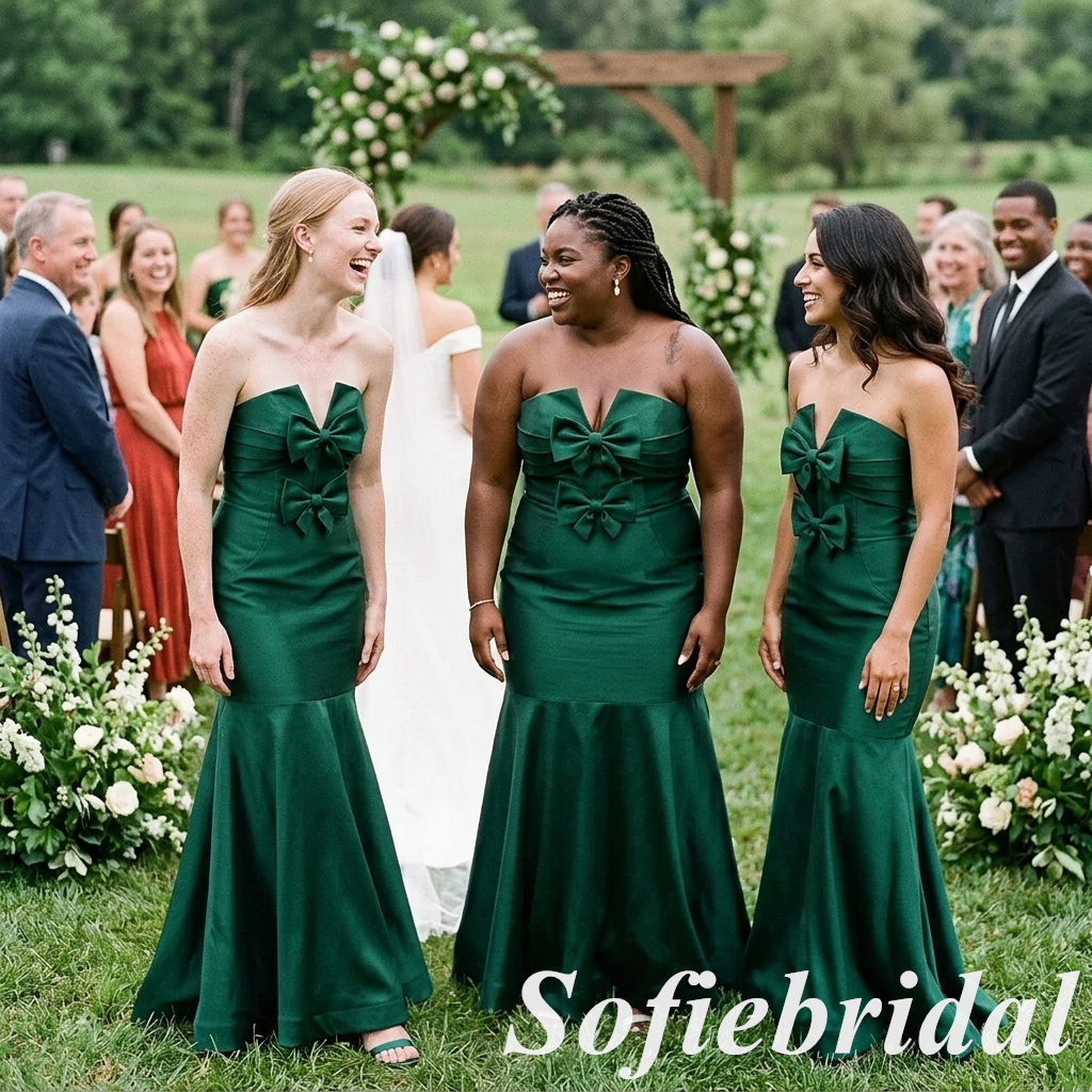 Emerald Green Satin Strapless Mermaid Bridesmaid Dress With Bow, SFWG00638