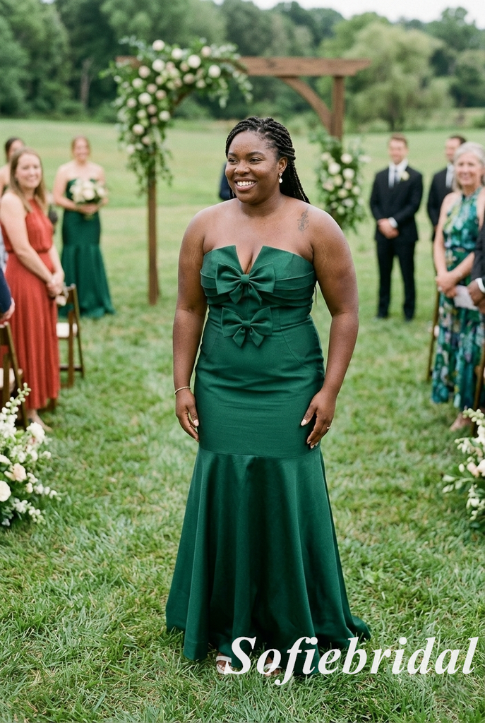 Emerald Green Satin Strapless Mermaid Bridesmaid Dress With Bow, SFWG00638