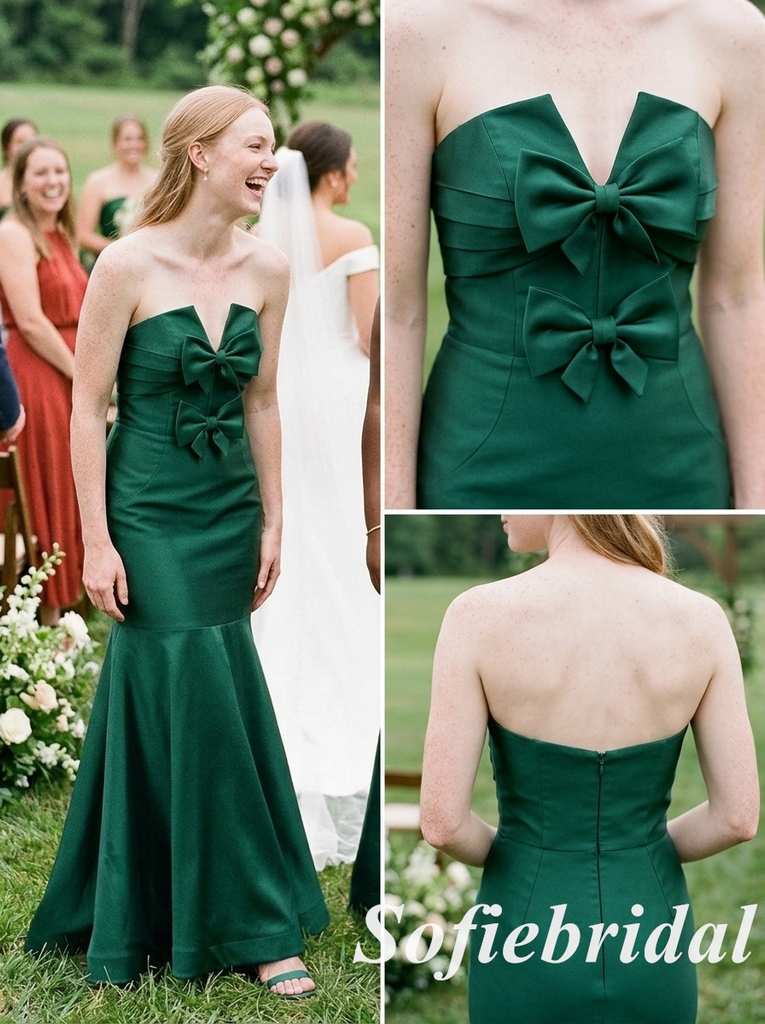 Emerald Green Satin Strapless Mermaid Bridesmaid Dress With Bow, SFWG00638