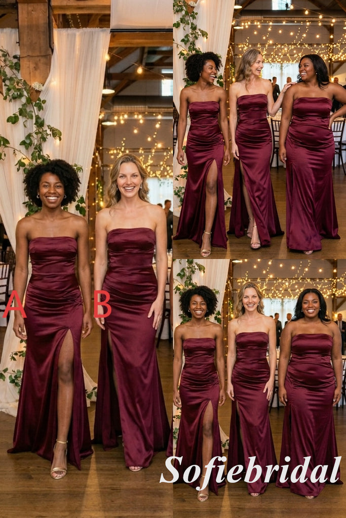 Mismatched Burgundy Satin Strapless Bridesmaid Dress With Slit For Wedding Guest, SFWG00637