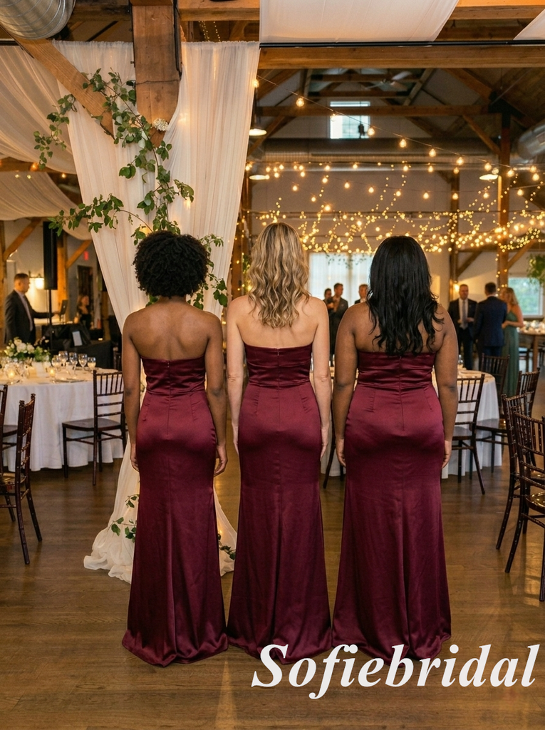 Mismatched Burgundy Satin Strapless Bridesmaid Dress With Slit For Wedding Guest, SFWG00637