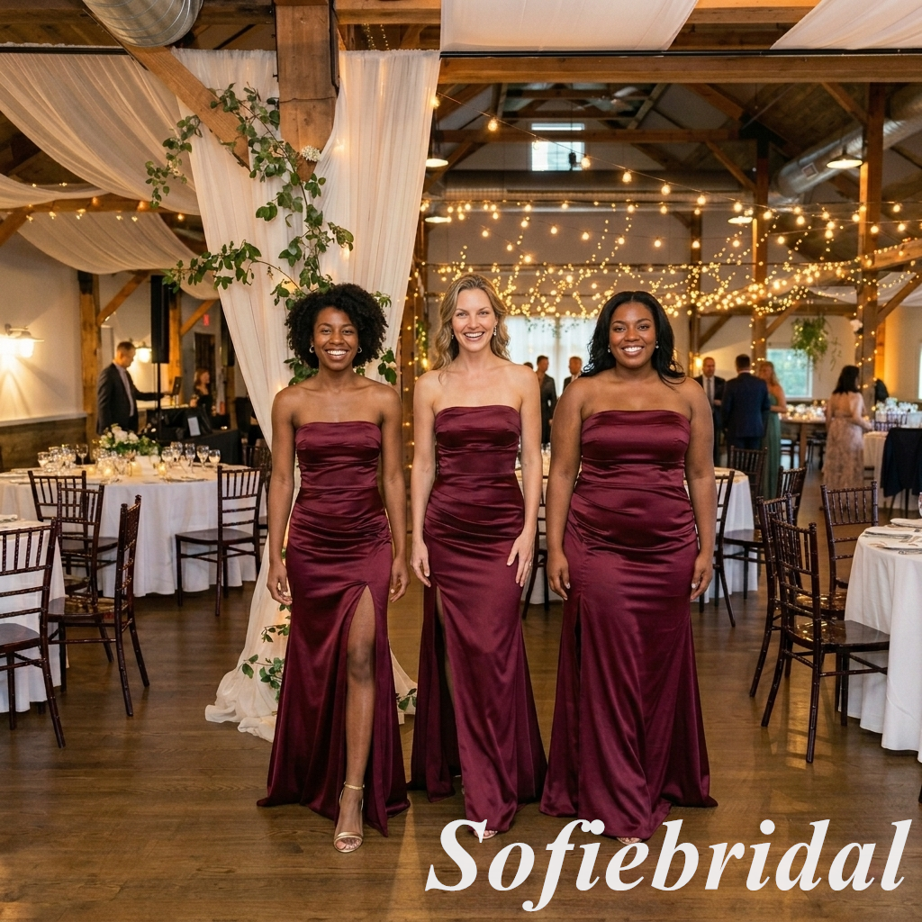 Mismatched Burgundy Satin Strapless Bridesmaid Dress With Slit For Wedding Guest, SFWG00637
