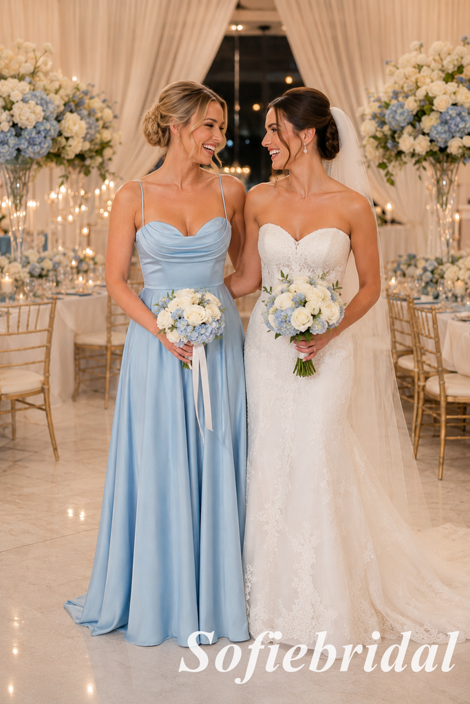 Elegant Light-Blue Satin Spaghetti Straps A-Line Bridesmaid Dress, SFWG00641