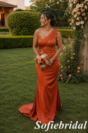 Burnt Orange Satin One Shoulder Beaded Mermaid Bridesmaid Dress For Wedding Guest, SFWG00643