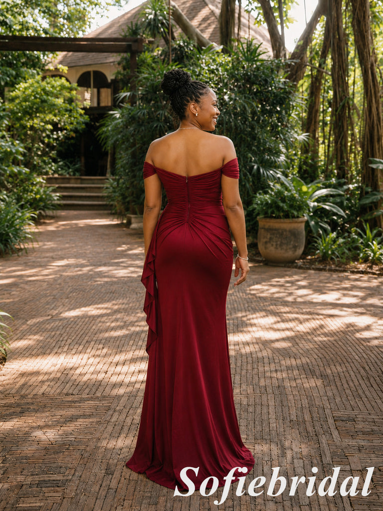 Luxury Burgundy Off Shoulder Side Slit Mermaid Bridesmaid Dress With Floral Accent, SFWG00645