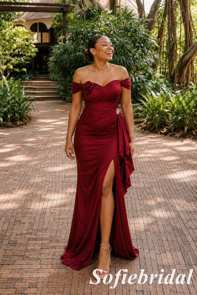 Luxury Burgundy Off Shoulder Side Slit Mermaid Bridesmaid Dress With Floral Accent, SFWG00645