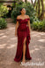 Luxury Burgundy Off Shoulder Side Slit Mermaid Bridesmaid Dress With Floral Accent, SFWG00645