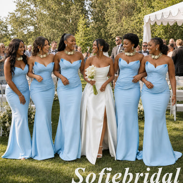 Sexy Sky Blue Soft Satin Strapless Pleated Floor Length Mermaid Bridesmaid Gown, SFWG00648