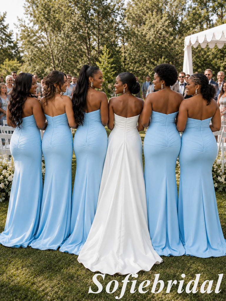 Sexy Sky Blue Soft Satin Strapless Pleated Floor Length Mermaid Bridesmaid Gown, SFWG00648