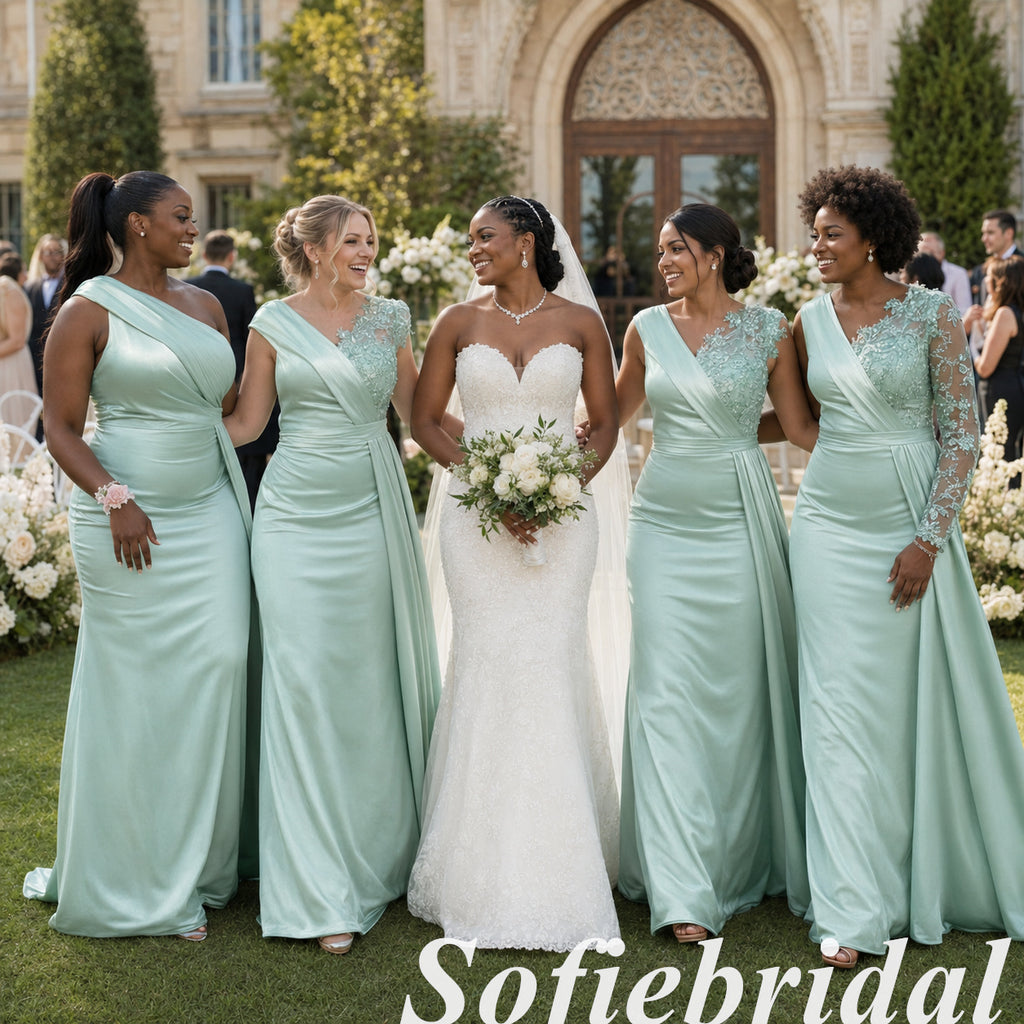 Mint Green Gloss Satin Mismatched Floor Length Mermaid Bridesmaid Gowns, SFWG00646