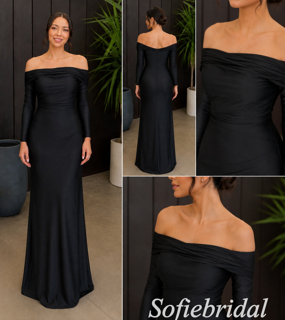 Elegant Black Satin Jersey Off‑The‑Shoulder Long Sleeve Ruched Floor Length Mermaid Bridesmaid Gown, PD1332