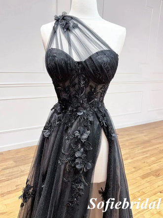 Sexy Tulle One Shoulder Sleeveless Side Slit A-Line Long Prom Dresses With Applique, PD0925