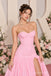 Pink Stretch Crepe Strapless Sweetheart Corset High Slit Pleated Floor Length Evening Dress,PD13850