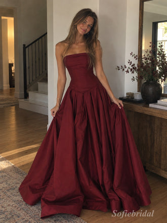 Burgundy Strapless Straight Neck Ruched Bodice Ball Gown Floor Length Evening Dress,PD13852